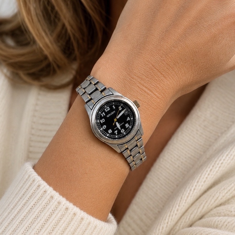 Vintage Gruen Womens Watch Two-Tone Stainless Steel Black Dial Date Quartz Works